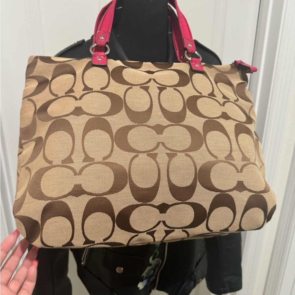 Coach Poppy Brown and Fuchsia Canvas Tote - Picture 8 of 13
